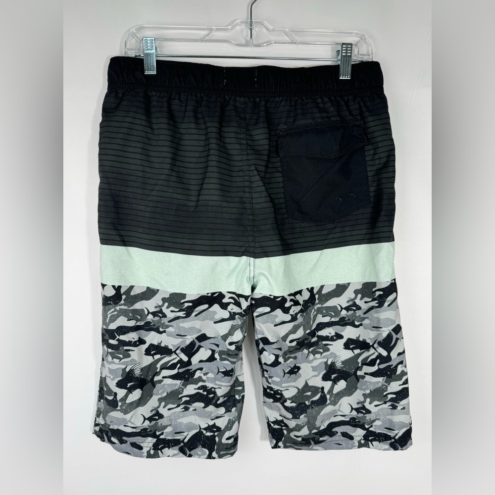 NWT Ocean Coast Mens Board Shorts Swim Trunks XL Blk/Gray/Green Camo Fish - Picture 2 of 10